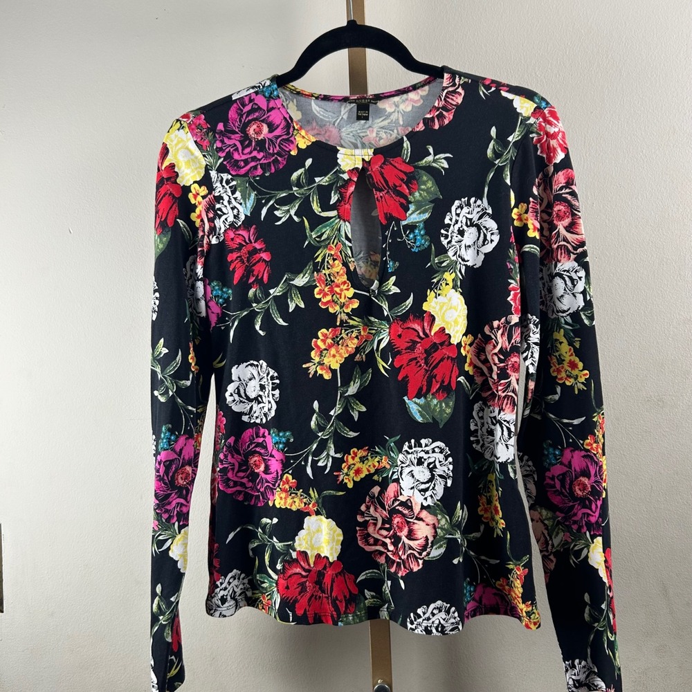 NEWGuess Floral Top Women Size L Black Multicolor Long Sleeve blouse whimsy